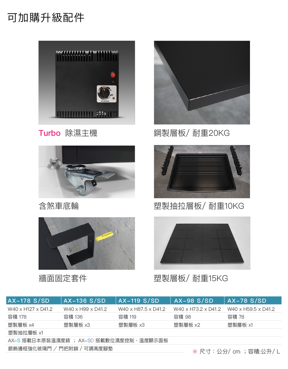 收藏家AX-SD電子防潮櫃,可選配物件及全尺寸規格表