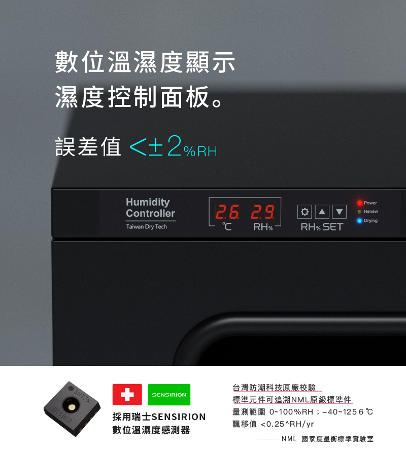 瑞士晶片數位溫濕度顯示、控制面板，可追溯NML標準