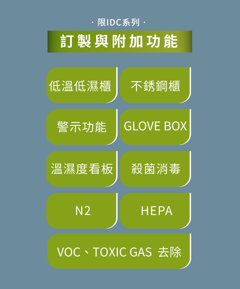 IDC系列可訂製各種附加功能：VOCs去除、HEPA過濾、低溫、警示、氮氣。